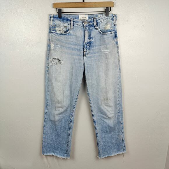 Frame Le Jane Crop Jeans Womens 28 Light Wash Baines Rips‎ Straight Baggy - Picture 1 of 11